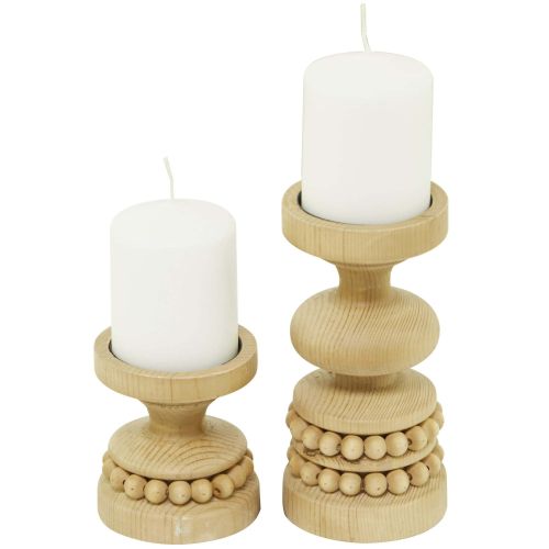 The Novogratz 2 Candle Brown Wood Beaded Pillar Candle Holder, Set of 2