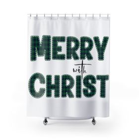 Home Decor, Fabric Shower Curtain - Waterproof, Merry With Christ, Green Plaid Christmas Holiday Pattern Print