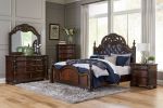 Formal Traditional Eastern King Bed 1pc Button Tufted Upholstered Headboard Posts Cherry Finish Bedroom Furniture Carving Wood Design