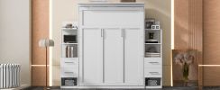 Queen Size Murphy Bed Wall Bed with Shelves, Drawers and LED Lights,White