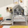Twin Size House-Shaped Headboard with Fence Guardrails and Trundle ,Grey