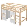 Wood Twin Size Loft Bed with Built-in Storage Wardrobe and 2 Windows, Natural/White