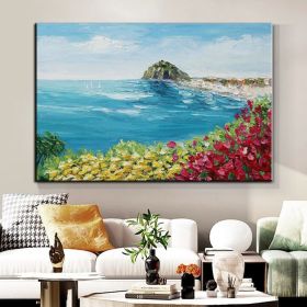 Handmade Oil Painting Floral Ocean Painting Italy Amalfi Seascape Painting Colorful flower Positano Coast Impasto painting Frameless Only Canvas (size: 50X70cm)
