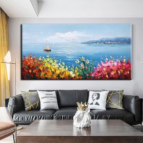 Handmade Oil Painting Floral Ocean Painting Italy Amalfi Seascape Painting Colorful flower Positano Coast Impasto painting Frameless Only Canvas (size: 150X220cm)