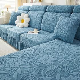 Jacquard velvet elastic leather sofa cover, simple all inclusive universal cover, all season universal lazy man anti cat scratch sofa cover (Color: Camellia skirt edge lake blue, size: )