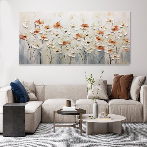 Hand Painted Oil Painting Horizontal Blooming Flower Bush Textured Oil Painting Wildflowers on Canvas Abstract Art Bohemian Art Living Room Decor Art