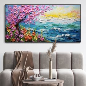 Hand Painted Oil Painting Abstract Pink Tree Texture Oil Painting Colorful Flower Canvas Art Blue Ocean Home Decor Modern Wall Decor Sunrise Mural (size: 150X220cm)