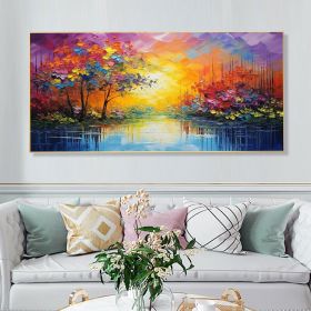 Hand Painted Oil Painting Abstract Autumn Forest Painting Original Lake Hand Painted Oil Painting Yellow Sunrise Landscape Reflection Art Room Decor (size: 75x150cm)