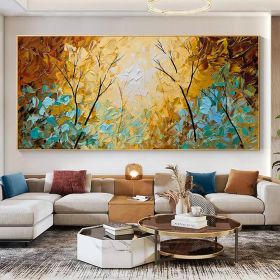 Large Oil Painting On Canvas, Original Painting, Abstract Blue Brown Forest Painting, Trees Landscape Painting, Bedroom Living room Wall Art (size: 70x140cm)