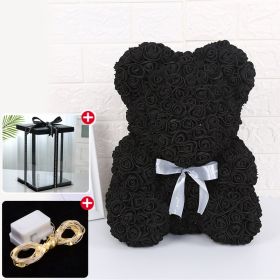 Rose Bear Artificial Flower With Box and Light Rose Teddy Bear Wedding Decor Christmas Women Valentines Girlfriend Birthday Gift (Color: Black)