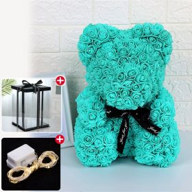 Rose Bear Artificial Flower With Box and Light Rose Teddy Bear Wedding Decor Christmas Women Valentines Girlfriend Birthday Gift (Color: Lake Blue)