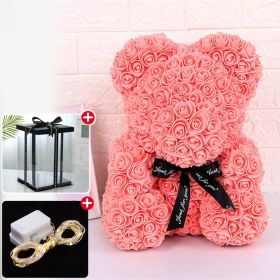 Rose Bear Artificial Flower With Box and Light Rose Teddy Bear Wedding Decor Christmas Women Valentines Girlfriend Birthday Gift (Color: Flesh Pink)