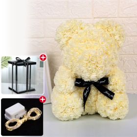 Rose Bear Artificial Flower With Box and Light Rose Teddy Bear Wedding Decor Christmas Women Valentines Girlfriend Birthday Gift (Color: Milk White)