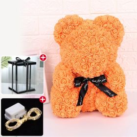 Rose Bear Artificial Flower With Box and Light Rose Teddy Bear Wedding Decor Christmas Women Valentines Girlfriend Birthday Gift (Color: Orange)