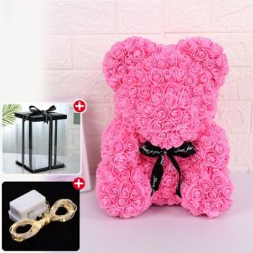 Rose Bear Artificial Flower With Box and Light Rose Teddy Bear Wedding Decor Christmas Women Valentines Girlfriend Birthday Gift (Color: Dark Pink)