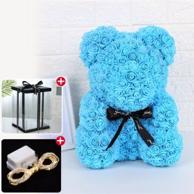 Rose Bear Artificial Flower With Box and Light Rose Teddy Bear Wedding Decor Christmas Women Valentines Girlfriend Birthday Gift (Color: Sky Blue)