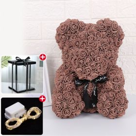 Rose Bear Artificial Flower With Box and Light Rose Teddy Bear Wedding Decor Christmas Women Valentines Girlfriend Birthday Gift (Color: brown)