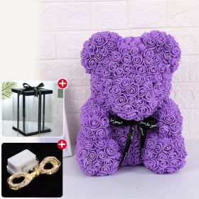 Rose Bear Artificial Flower With Box and Light Rose Teddy Bear Wedding Decor Christmas Women Valentines Girlfriend Birthday Gift (Color: Purple)