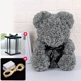 Rose Bear Artificial Flower With Box and Light Rose Teddy Bear Wedding Decor Christmas Women Valentines Girlfriend Birthday Gift (Color: Grey)