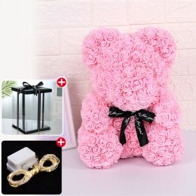 Rose Bear Artificial Flower With Box and Light Rose Teddy Bear Wedding Decor Christmas Women Valentines Girlfriend Birthday Gift (Color: Pink)