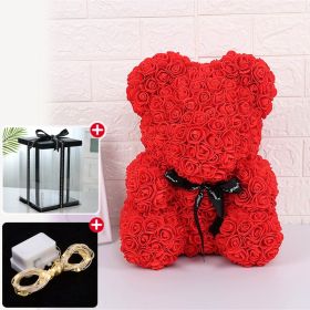 Rose Bear Artificial Flower With Box and Light Rose Teddy Bear Wedding Decor Christmas Women Valentines Girlfriend Birthday Gift (Color: Red)