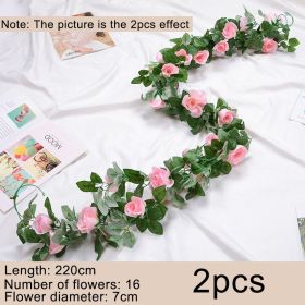 2pcs Fake Rose Vine Flowers Garland Plant Artificial Flower Wall Hanging Flower Rattan Fake Plant Leaf Wedding Home Garden Decor (Color: Pink, Ships From: )