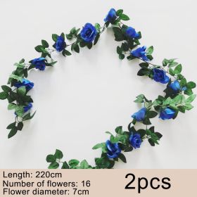 2pcs Fake Rose Vine Flowers Garland Plant Artificial Flower Wall Hanging Flower Rattan Fake Plant Leaf Wedding Home Garden Decor (Color: Blue, Ships From: )