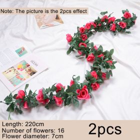 2pcs Fake Rose Vine Flowers Garland Plant Artificial Flower Wall Hanging Flower Rattan Fake Plant Leaf Wedding Home Garden Decor (Color: Rose Red, Ships From: )