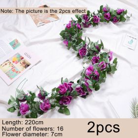 2pcs Fake Rose Vine Flowers Garland Plant Artificial Flower Wall Hanging Flower Rattan Fake Plant Leaf Wedding Home Garden Decor (Color: Purple, Ships From: )