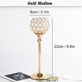 Crystal Candle Holder Pillar Gold/Silver Metal Tealight Candlestick Wedding Table Centerpiece Party Christmas Home Desktop Decor (Color: Gold Medium, Ships From: )