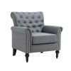 Mid-Century Modern Accent Chair, Linen Armchair w/Tufted Back/Wood Legs, Upholstered Lounge Arm Chair Single Sofa for Living Room Bedroom