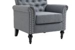 Mid-Century Modern Accent Chair, Linen Armchair w/Tufted Back/Wood Legs, Upholstered Lounge Arm Chair Single Sofa for Living Room Bedroom